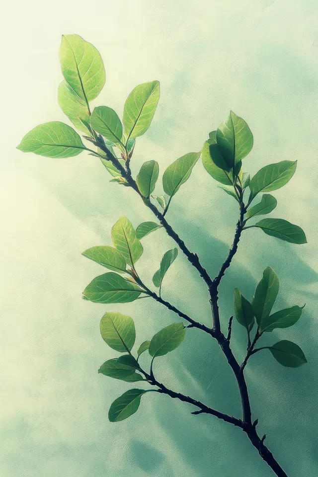 Green leafy branch close-up on a light textured background with soft shadows on the leaves.