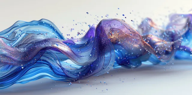Blue and white iridescent liquid-glass ribbon curves across a white background with sparkling particles.