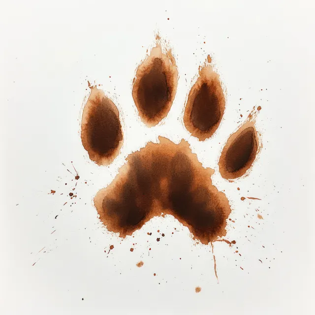 Brown watercolor paw print with splatter specks on a clean white background.