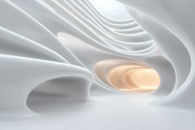 A smooth white curved corridor with ambient lighting and a glowing arched opening in a minimalist interior space.