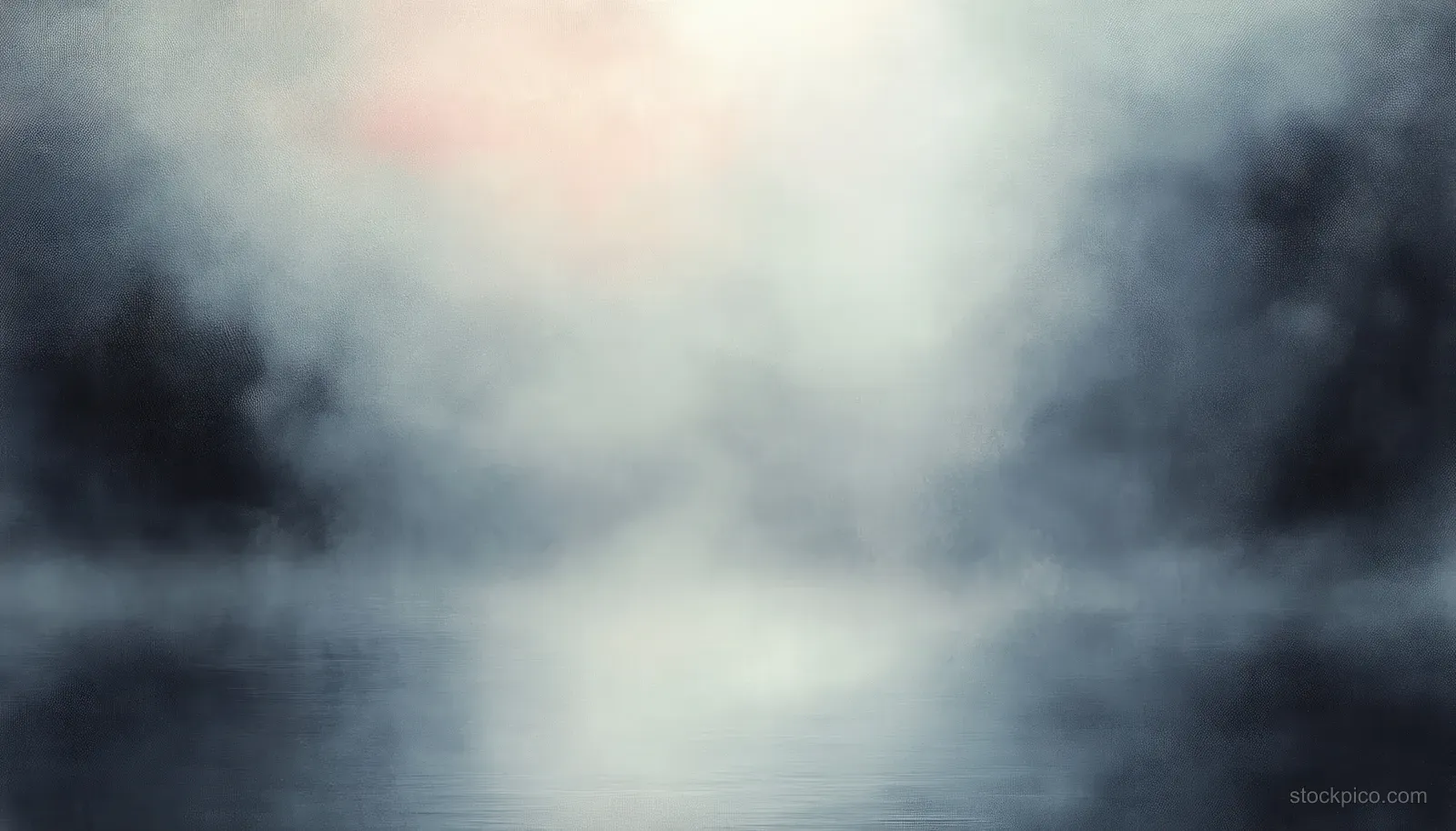 Fog blankets a pastel landscape horizon with diffused light and speckled film-grain texture.