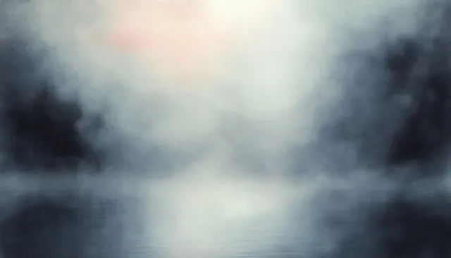 Misty pastel landscape with foggy horizon, ambient light glow, and gritty film grain