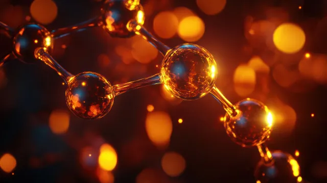 Glowing molecular bonds connect spherical atoms over a deep amber bokeh background.