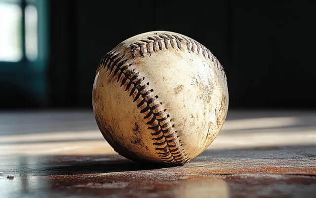 Worn baseball resting on wooden table with soft light and blurred background with Shallow Depth Of Field