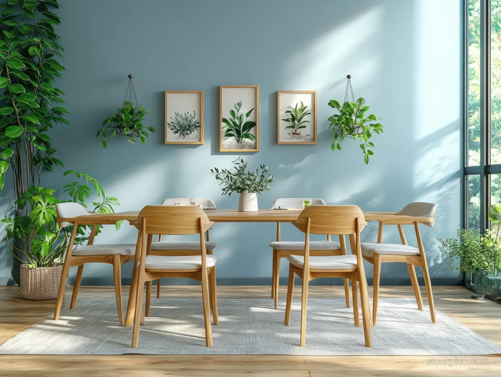 Minimalist dining room with wooden table and chairs against a pale blue wall, decorated with potted plants near a window.
