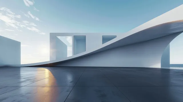 Empty concrete floor in a futuristic minimalist building interior with curved gray walls and daylight sky.