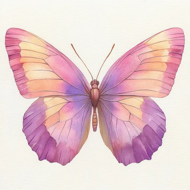 Watercolor pink and lavender butterfly with delicate wing veins on light paper