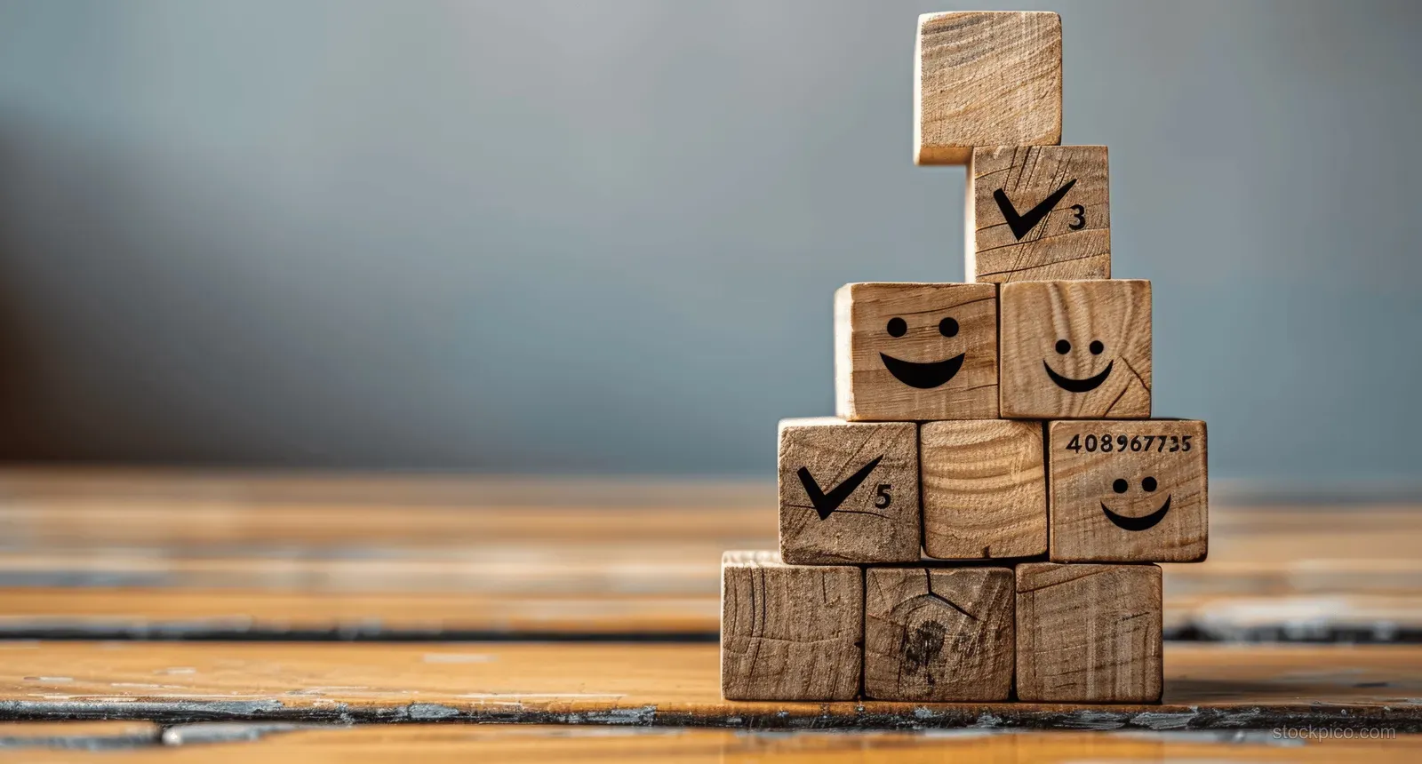Stacked wooden blocks with check marks and smiling faces sit on a desk, implying completed task progress.