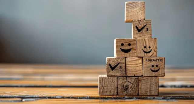 Wooden blocks with check marks and smiling faces showing task progress achievement