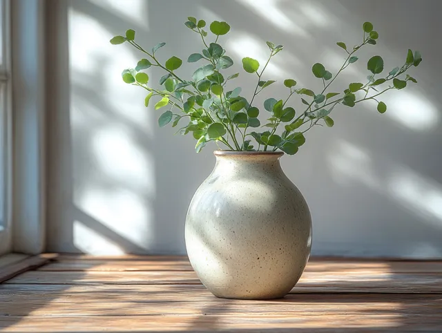 Beige vase with green leaves on a rustic wooden table under soft natural window light and shadows.