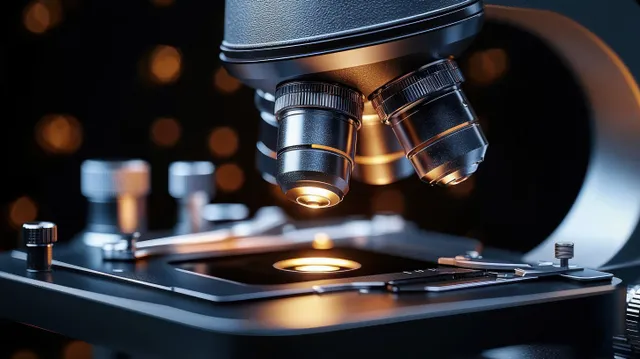 A microscope objective focuses a bright beam onto a glass slide placed on the stage in dim laboratory lighting.