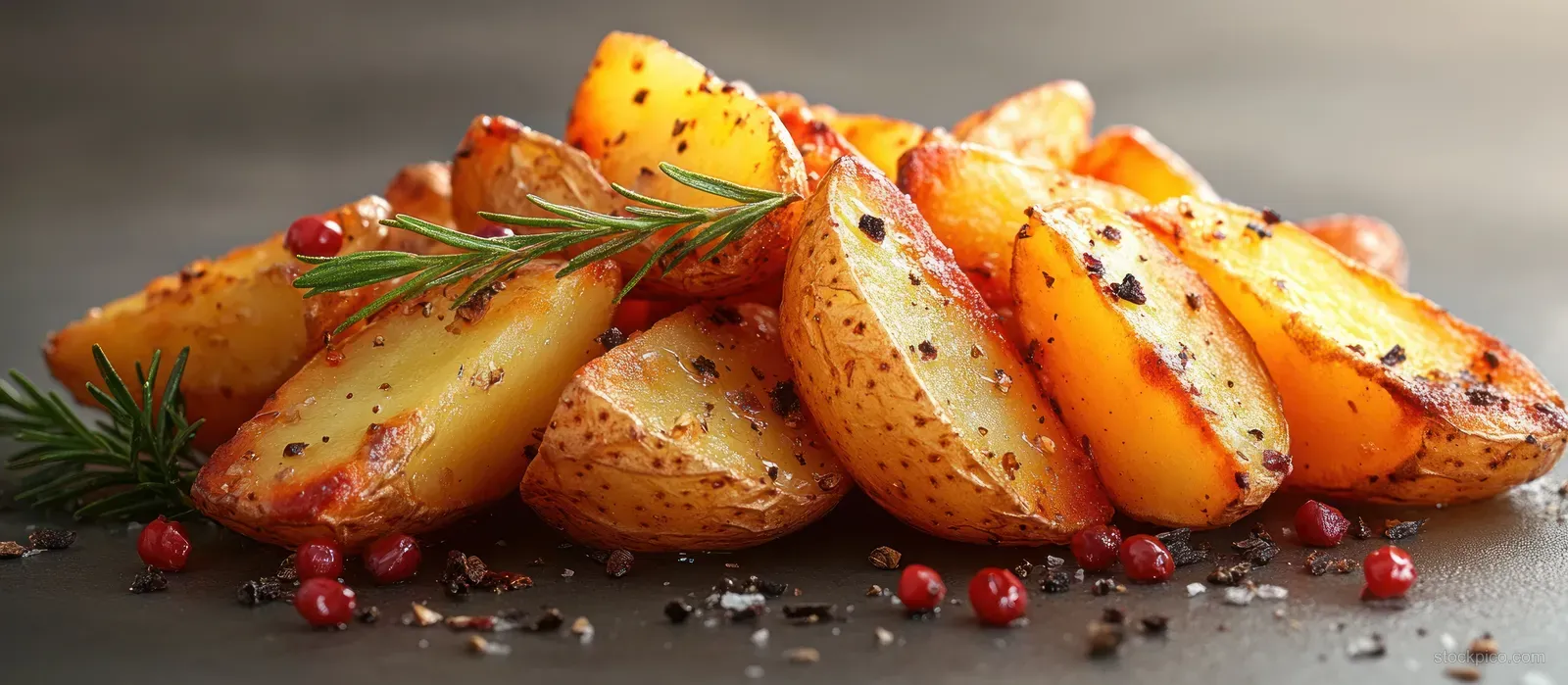 Golden roasted potato wedges with herbs and peppercorns on a white background.
