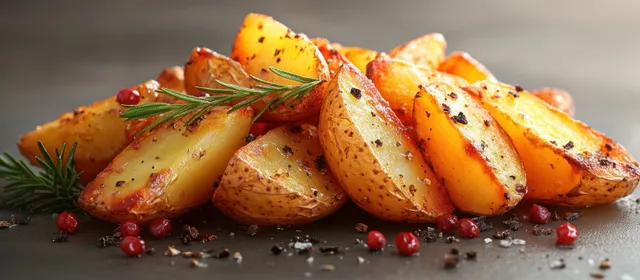Golden roasted potato wedges with herbs and peppercorns isolated on white