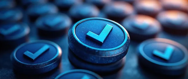Blue circular checkmark badges are scattered on a table, forming a verification themed heap with copy space.