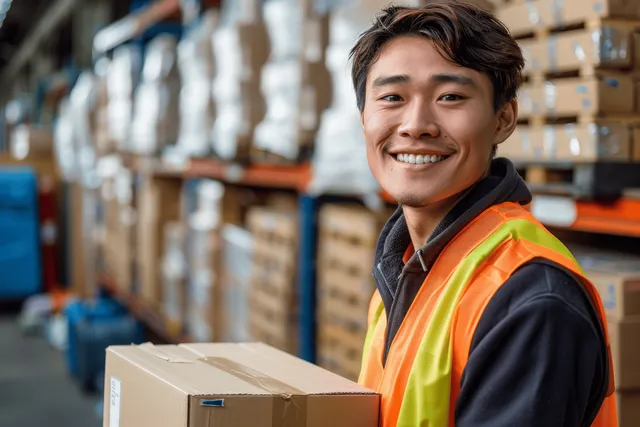 Asian warehouse worker in a high-visibility vest holds a cardboard box with stacked inventory shelves in the background.