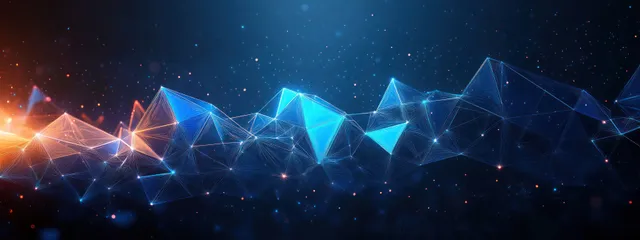 Blue polygon triangles glow in a digital network background with data connections