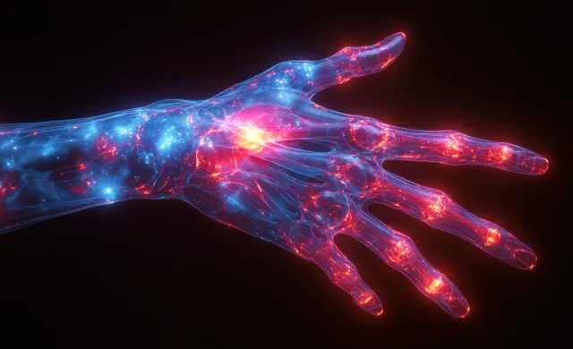 Neon 3D x-ray style hand and wrist with glowing carpal tunnel and joint pain highlights.