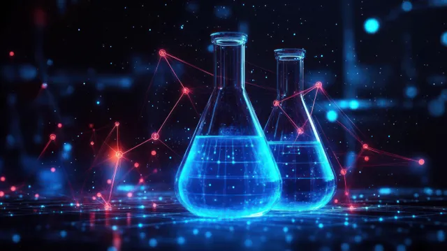 Two glowing laboratory flasks with blue liquid are surrounded by a network of red and blue connected dots and lines.