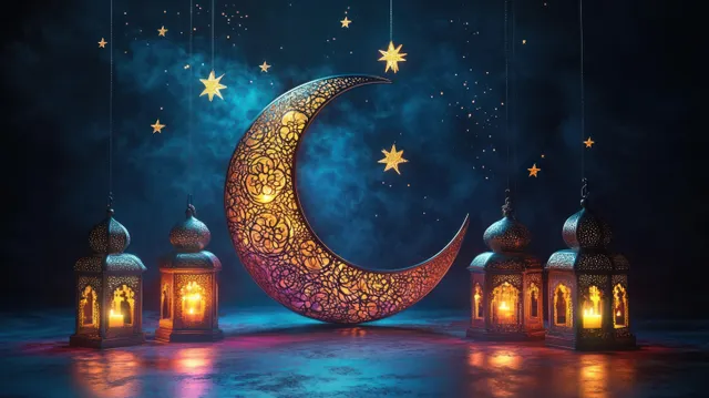 Ornate glowing crescent moon hangs above warm lanterns and scattered golden stars in a dark blue smoky night.