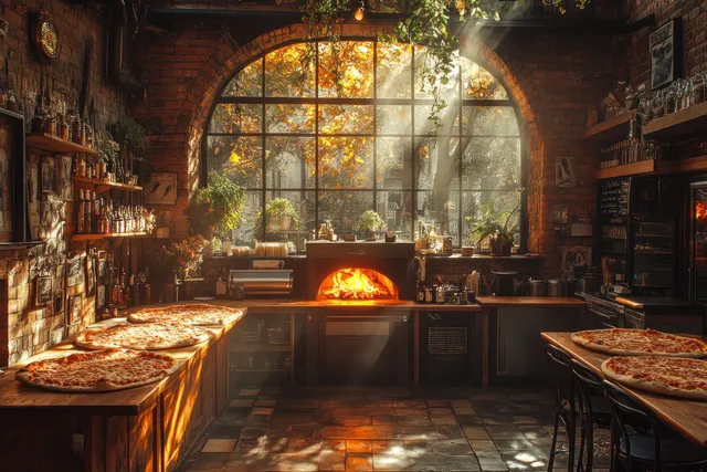 A warm Italian kitchen showcases a wood-fired brick oven with glowing flames and pizza-prep tools for an authentic dining experience.