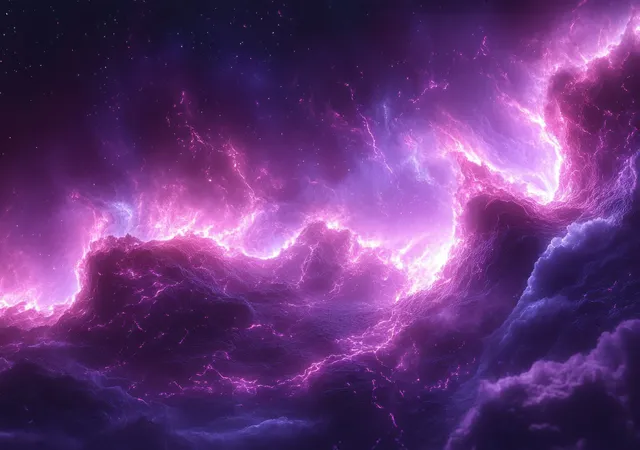 Electric purple lightning arcs illuminate swirling dark clouds in a cosmic fractal storm sky.