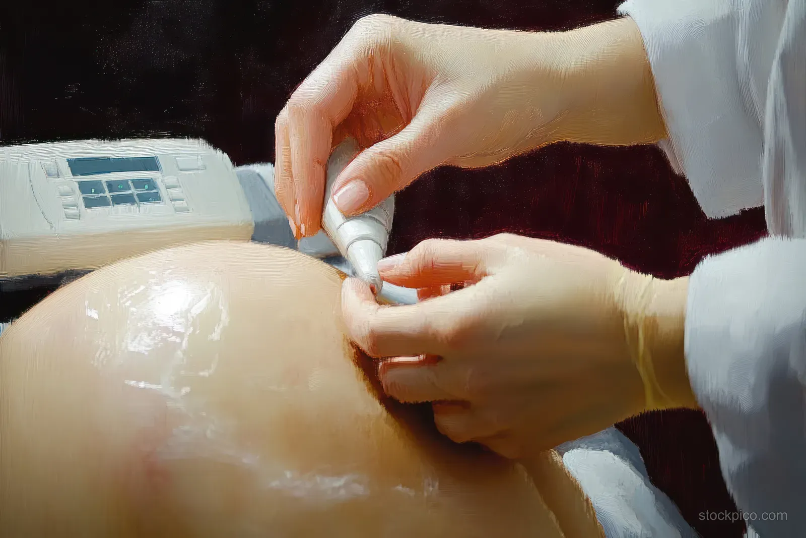 Doctor’s hands press an ultrasound probe with gel onto a pregnant belly during a prenatal exam.