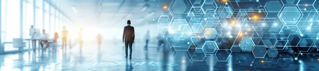 A business figure walks in a glass office with glowing hexagonal network data and charts floating in the air.