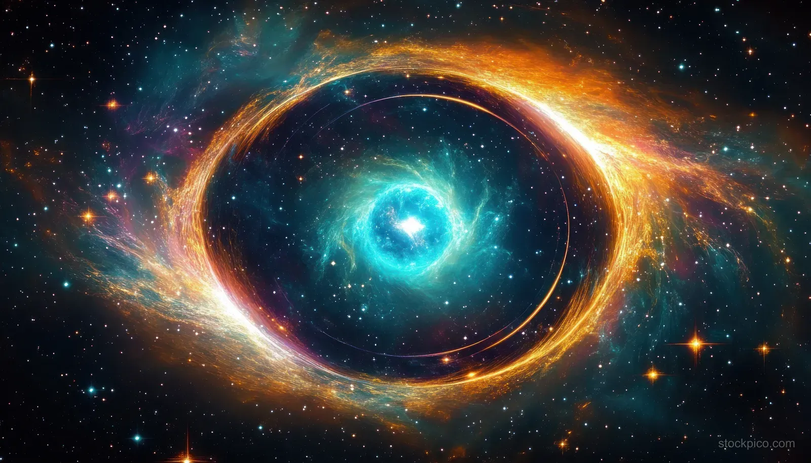 A bright star sits inside a swirling orange-and-blue cosmic vortex in deep space.