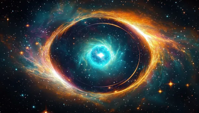 A bright star sits inside a swirling orange-and-blue cosmic vortex in deep space.