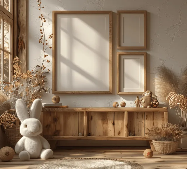 Children’s room interior with a rustic sideboard, empty wooden frames, and plush toys in soft sunlight.