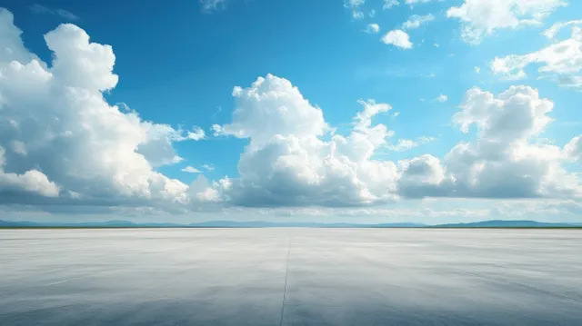 A wide empty runway leads to the horizon under a blue sky with scattered fluffy white clouds.
