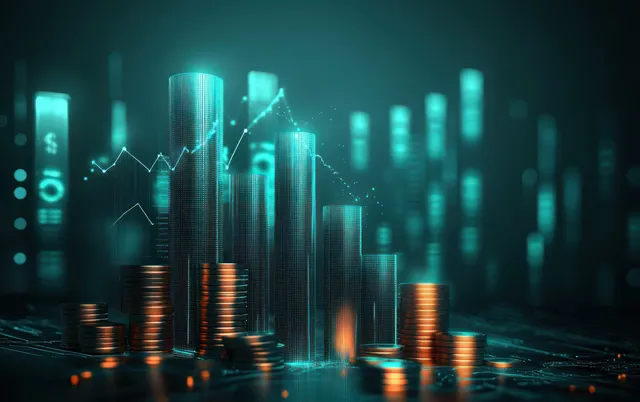 Gold coins sit in front of a glowing upward finance graph with digital market bars fading into a dark background.