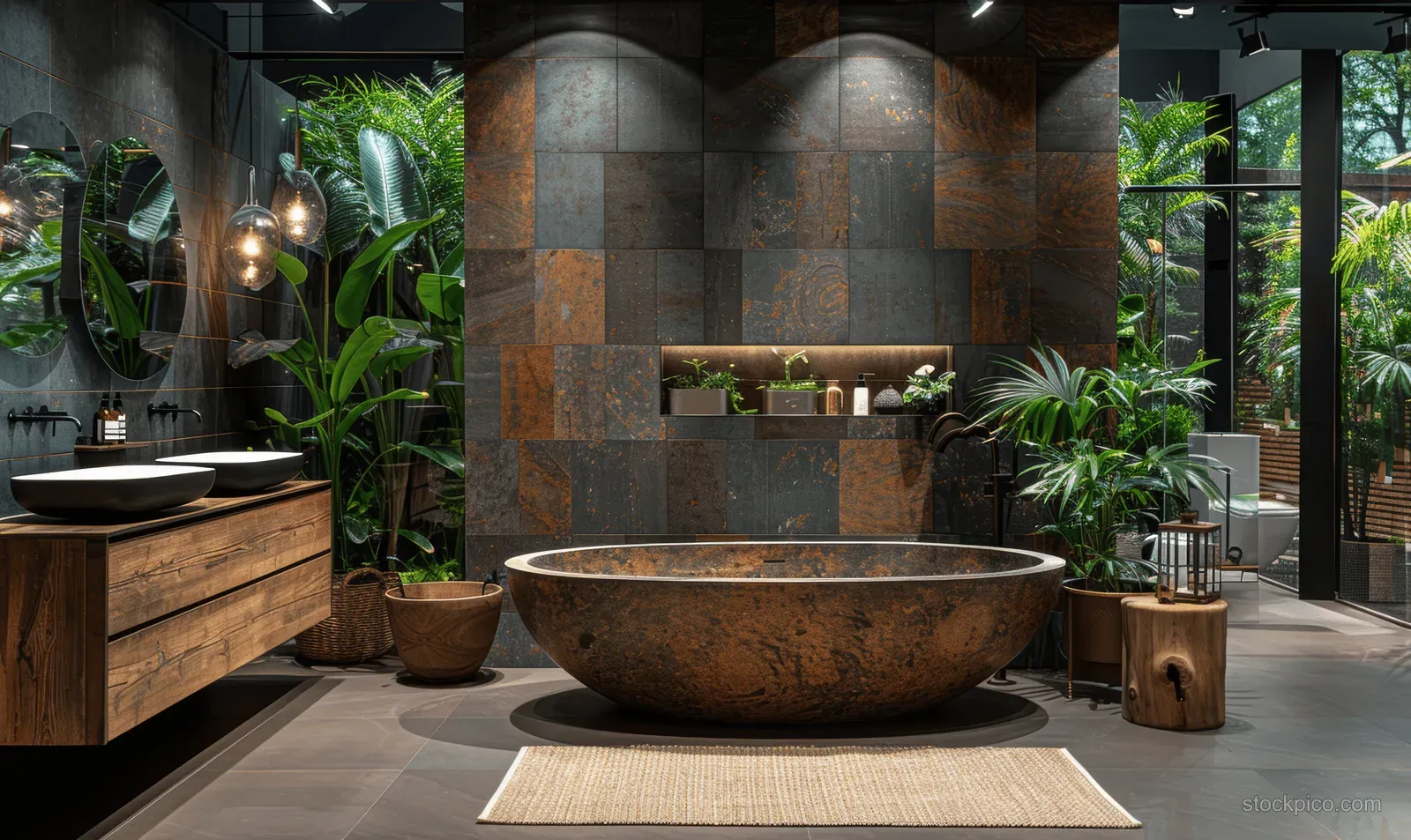 Natural stone bathtub sits in a modern bathroom with dark tiles, wooden vanity, and green plants near a bright window.