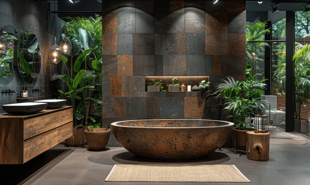Natural stone bathtub sits in a modern bathroom with dark tiles, wooden vanity, and green plants near a bright window.
