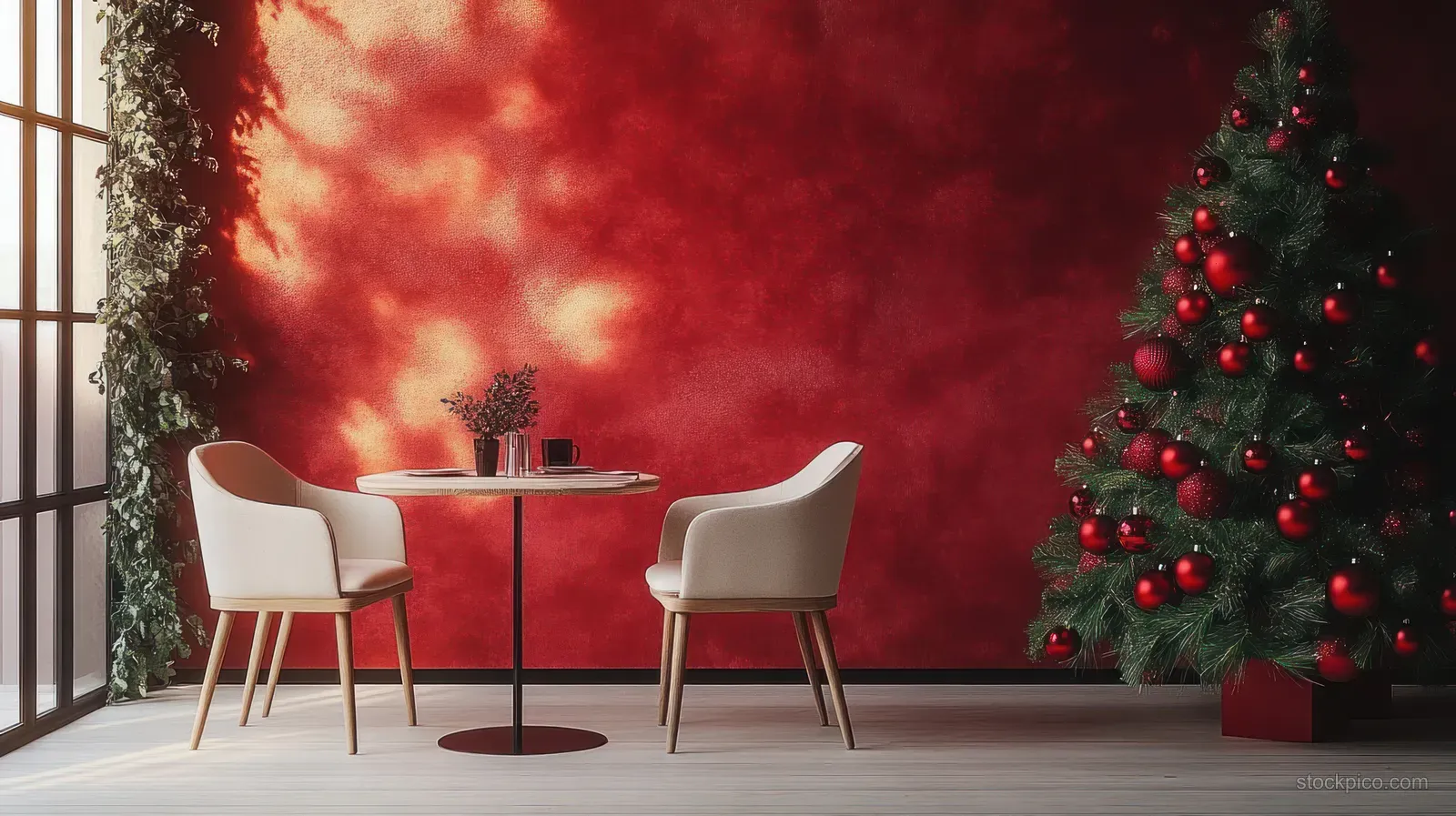 Two white chairs face a round table with a plant and cup beside a decorated Christmas tree against a red textured wall.