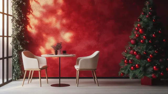 Minimalist Christmas dining corner with two white chairs, round table, and lit tree