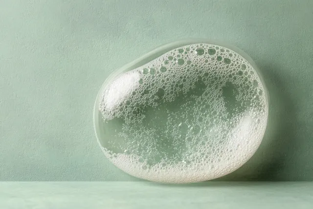 Green cleansing mousse bubble swatch with dense foam texture resting on a matte surface.
