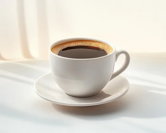 White coffee cup with dark espresso on a saucer, soft shadows on white