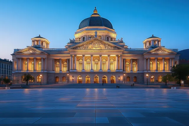 Federal Palace in Bern Switzerland with lit dome glowing at blue hour dusk