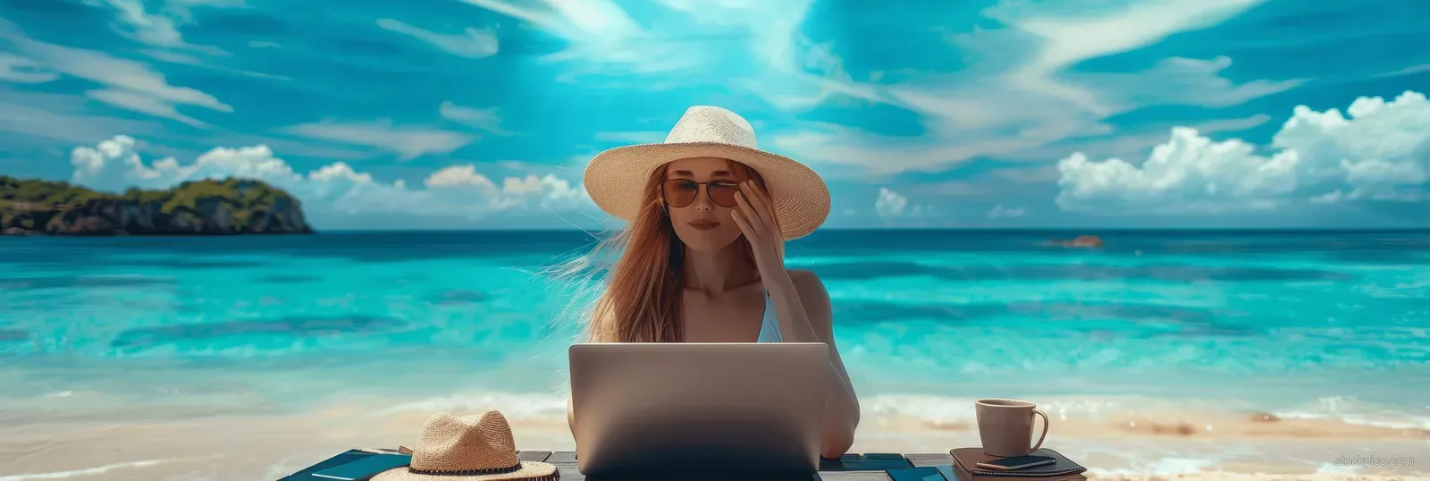Freelance businesswoman typing on a laptop at the beach with a coffee mug and turquoise ocean view.