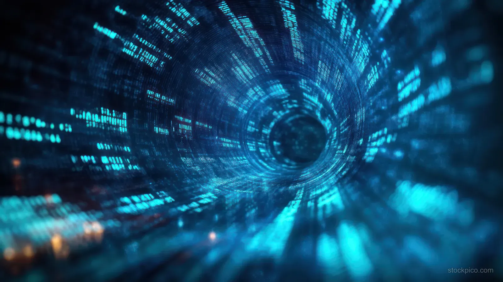 A glowing neon tunnel filled with scrolling code stretches into a bright cyberpunk digital vortex.