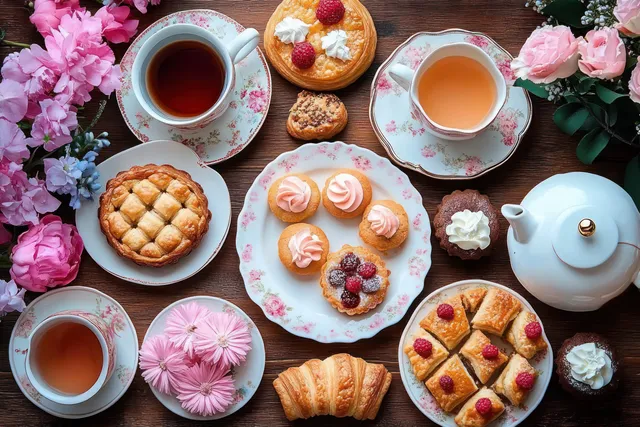 Floral teacups and assorted pastries with pink blossoms arranged on a wooden afternoon tea table.