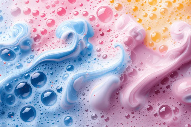 Colorful soapy foam bubbles swirl on wet surface with pink blue and yellow tones