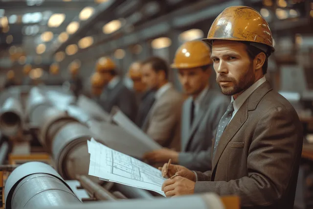 Factory manager reviews blueprints with engineer while standing beside industrial machinery