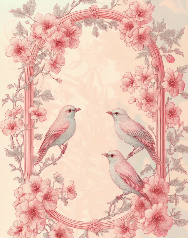 Three small birds perch on flowering branches within a vintage botanical frame adorned with soft pink and beige blossoms.