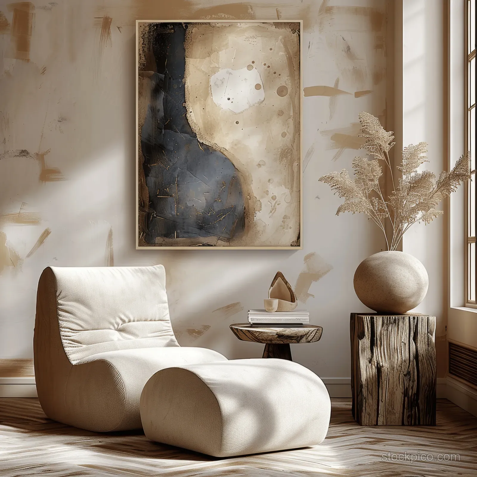 Beige armchair and wooden side table in a sunlit living room with abstract framed wall art and neutral decor.