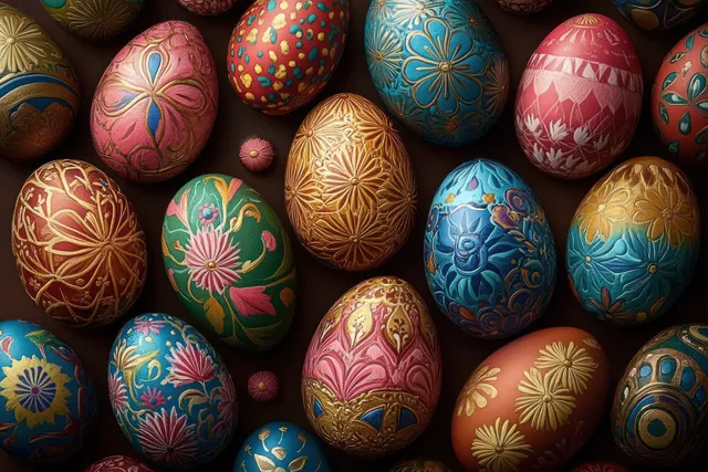 Colorful hand-painted eggs with floral and geometric patterns clustered on a dark background.