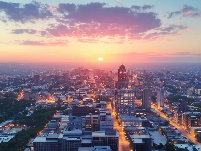 Aerial view of downtown Lincoln Nebraska at sunset with glowing streets