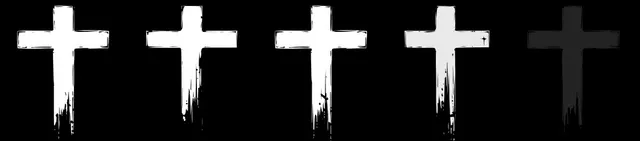 Row of five white crosses fading left to right on a black background