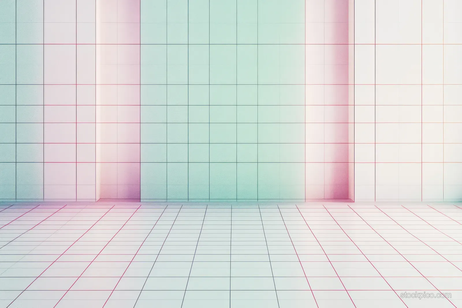 Empty room with square tiled walls and floor illuminated by pastel gradient lighting and soft shadows.